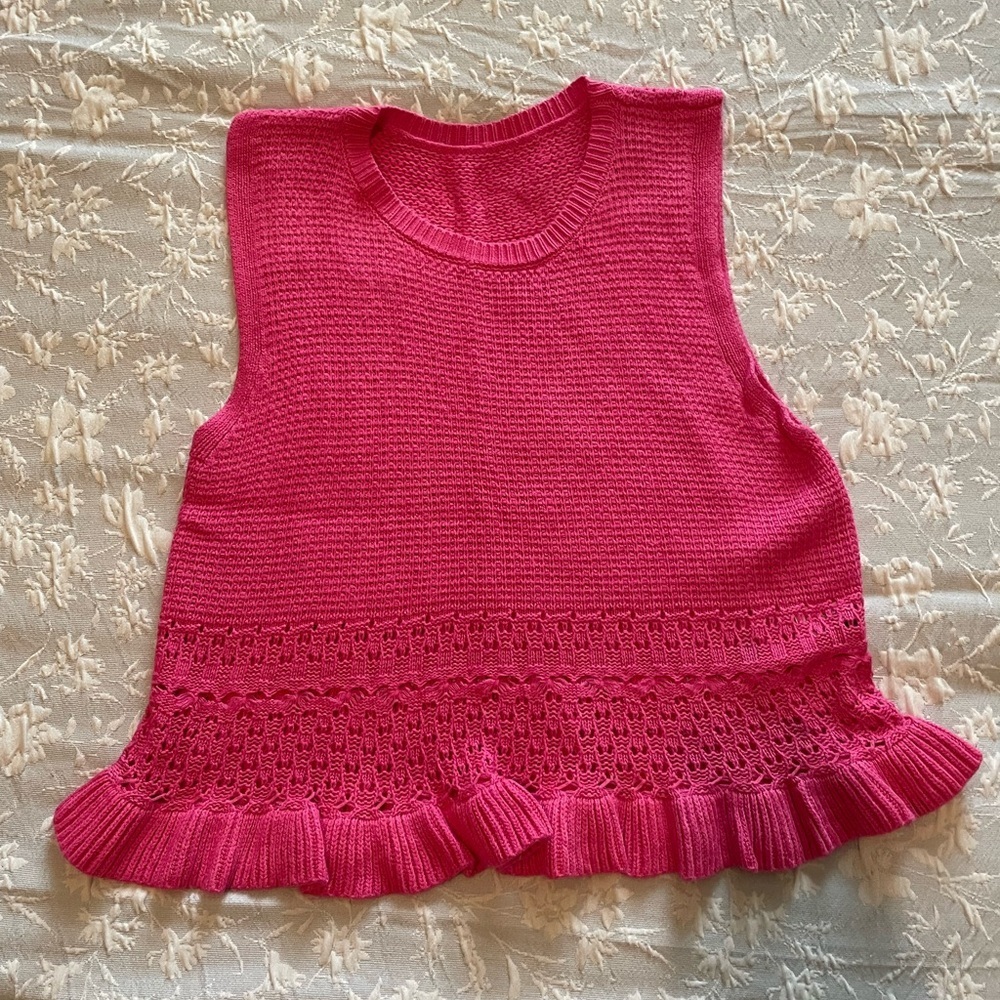 Pink Sleeveless Knit Top spring summer vacation‎ ruffle cottage Large